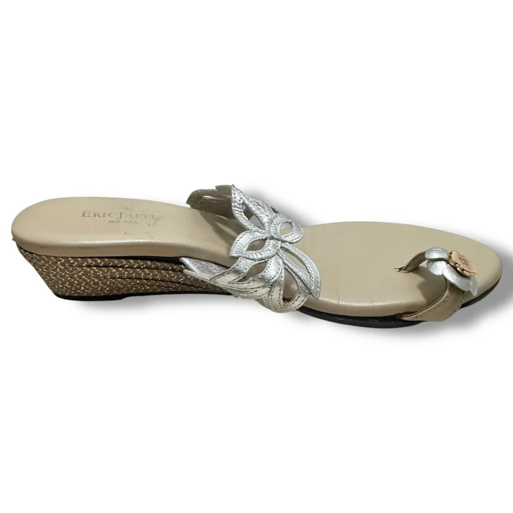 Eric Javits New York Silver Floral Toe Ring Wedge Sandals Women's 9.5 M Resort - Picture 9 of 10